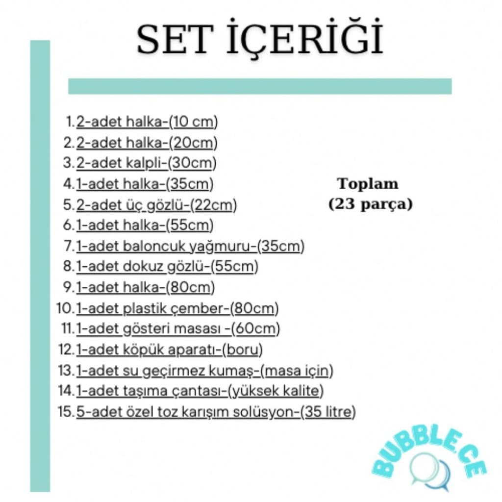 Bubblece set içeriği listesi